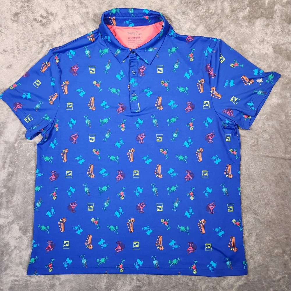 Birdie Bound Polo Shirt Mens 2XL Blue Excellent Cocktail Print Performance Golf